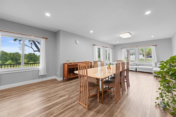 Dining room, Interior, Recessed Lighting, Wood Texture Flooring