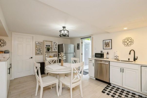Dining room, Interior, Kitchen, Recessed Lighting, Stainless Steel Appliances, Wood Texture Flooring