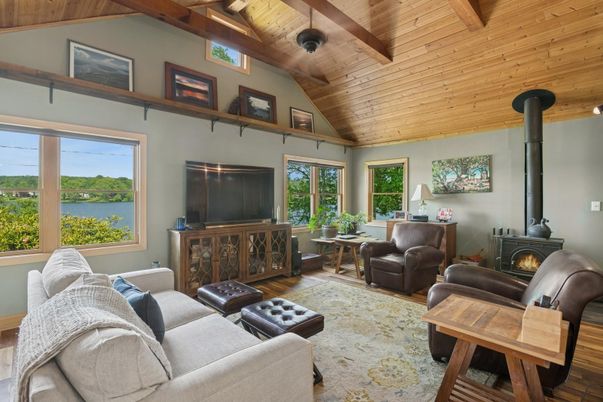 Fireplace, Interior, Living room, Water, Wooden Beams, Wooden Ceilings, Wood Texture Flooring