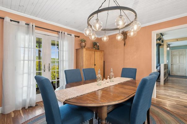 Dining room, Interior, Pendant Lights, Wood Texture Flooring