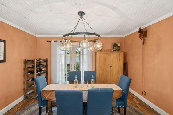 Dining room, Interior, Pendant Lights, Wood Texture Flooring