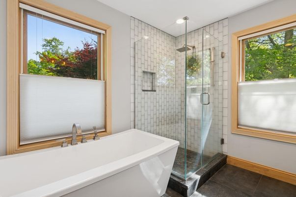 Bathroom, Free Standing Baths, Glass Shower, Interior, Recessed Lighting