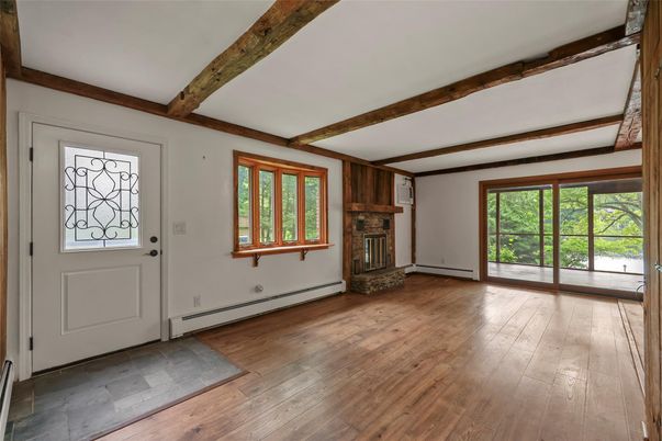 Empty room, Fireplace, Interior, Wooden Beams, Wood Texture Flooring