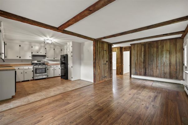 Interior, Kitchen, Stainless Steel Appliances, Wooden Beams, Wood Texture Flooring
