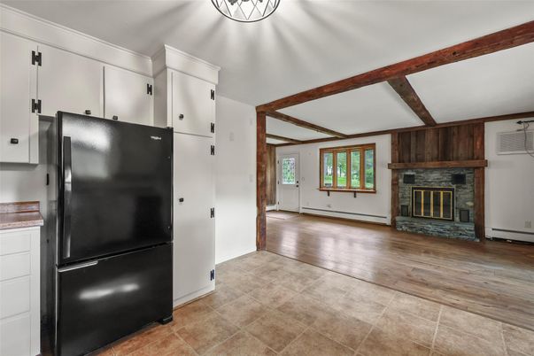 Empty room, Fireplace, Interior, Wooden Beams, Wood Texture Flooring