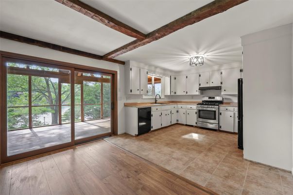 Interior, Kitchen, Stainless Steel Appliances, Wooden Beams, Wood Texture Flooring