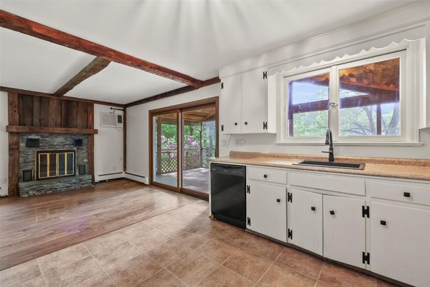 Fireplace, Interior, Kitchen, Wooden Beams, Wood Texture Flooring