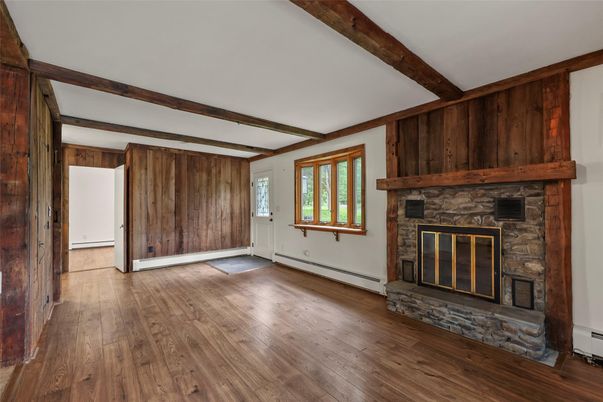 Empty room, Fireplace, Interior, Wooden Beams, Wood Texture Flooring, Wooden Walls