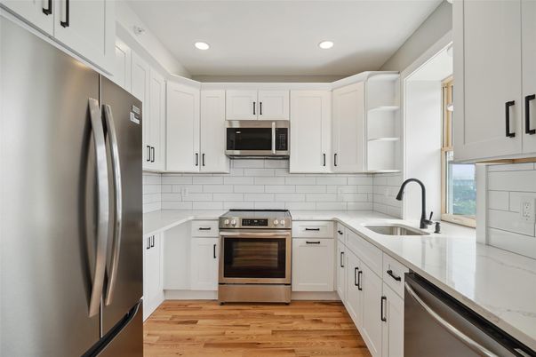 Interior, Kitchen, Recessed Lighting, Stainless Steel Appliances, Wood Texture Flooring