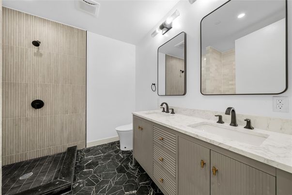 Bathroom, Dual Sink Vanities, Interior, Marble, Recessed Lighting