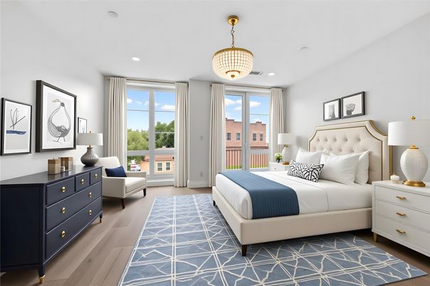 Bedroom, Interior, Pendant Lights, Recessed Lighting, Wood Texture Flooring