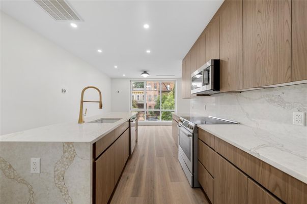 Interior, Kitchen, Marble Walls, Recessed Lighting, Wood Texture Flooring