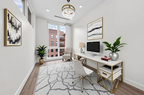 Chandelier, Home Office, Interior, Recessed Lighting, Wood Texture Flooring
