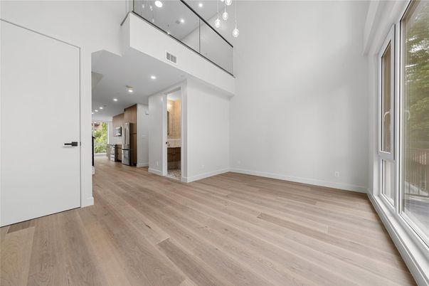 Empty room, Interior, Kitchen, Pendant Lights, Recessed Lighting, Wood Texture Flooring
