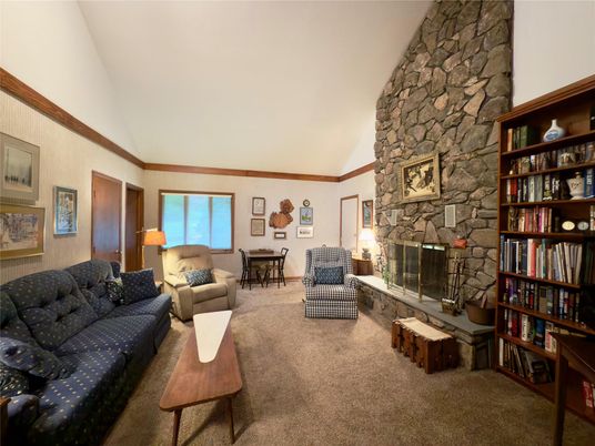 Dining room, Fireplace, Interior, Living room, Stone Walls