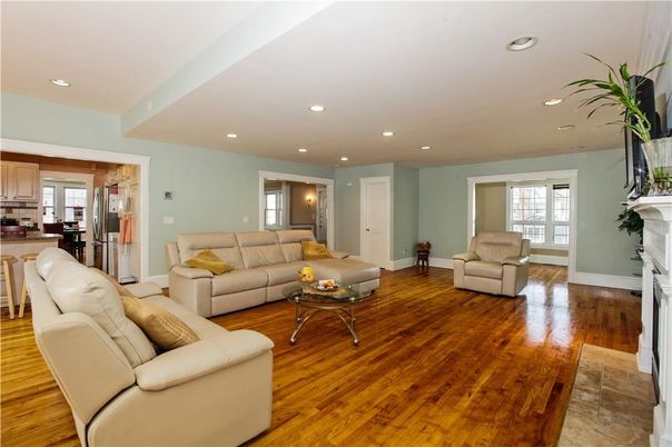 Dining room, Fireplace, Interior, Kitchen, Living room, Recessed Lighting, Wood Texture Flooring