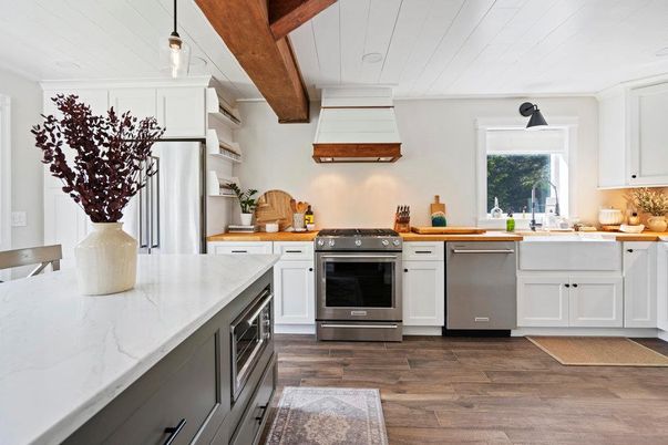 Interior, Kitchen, Pendant Lights, Stainless Steel Appliances, Wooden Beams, Wood Texture Flooring