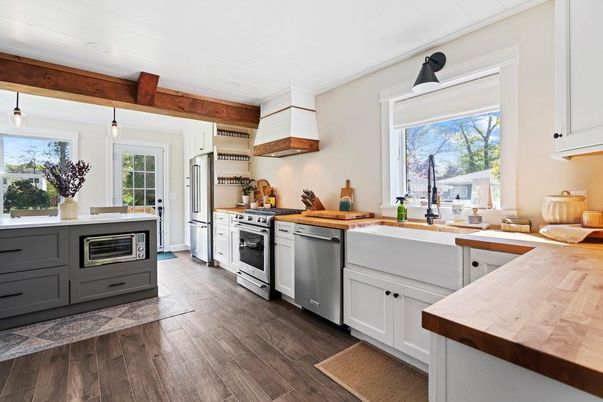 Interior, Kitchen, Pendant Lights, Stainless Steel Appliances, Wood Texture Flooring