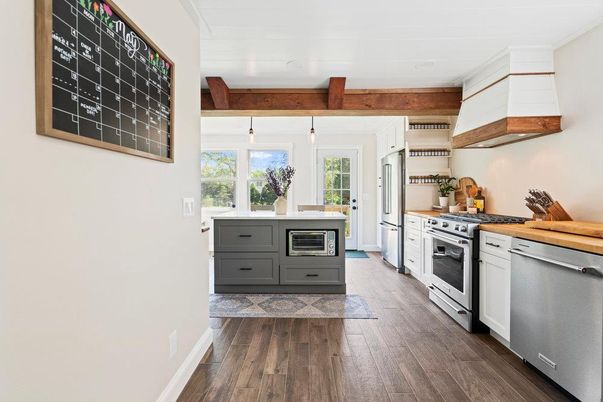 Interior, Kitchen, Pendant Lights, Stainless Steel Appliances, Wooden Beams, Wood Texture Flooring