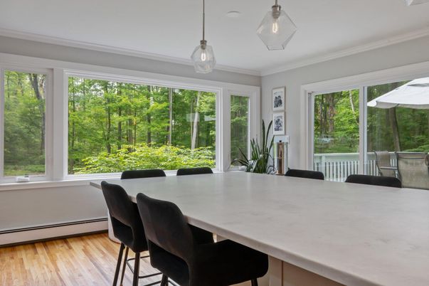 Dining room, Interior, Pendant Lights, Wood Texture Flooring