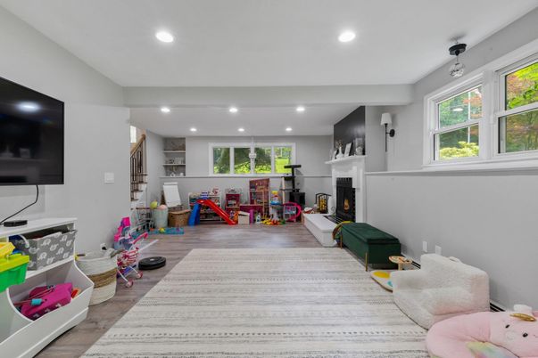 Fireplace, Interior, Recessed Lighting, Wood Texture Flooring