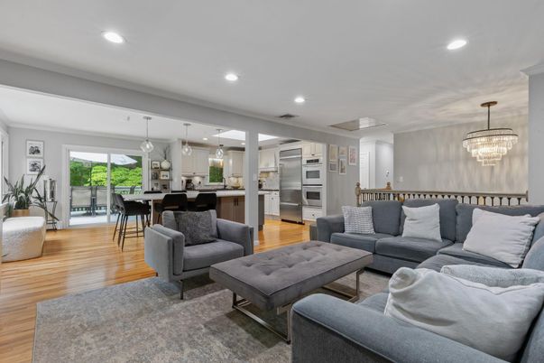 Chandelier, Dining room, Interior, Kitchen, Living room, Pendant Lights, Recessed Lighting, Wood Texture Flooring