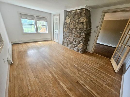 Empty room, Fireplace, Interior, Stone Walls, Wood Texture Flooring