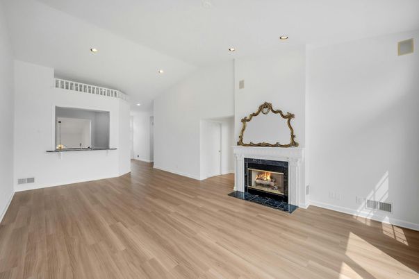 Empty room, Fireplace, Interior, Recessed Lighting, Wood Texture Flooring