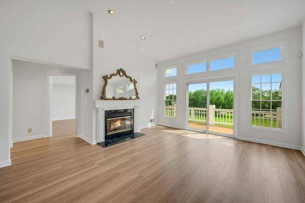 Empty room, Fireplace, Interior, Recessed Lighting, Wood Texture Flooring