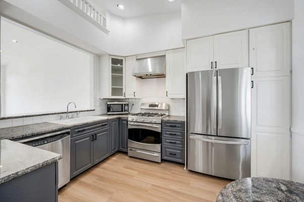 Interior, Kitchen, Recessed Lighting, Stainless Steel Appliances, Wood Texture Flooring