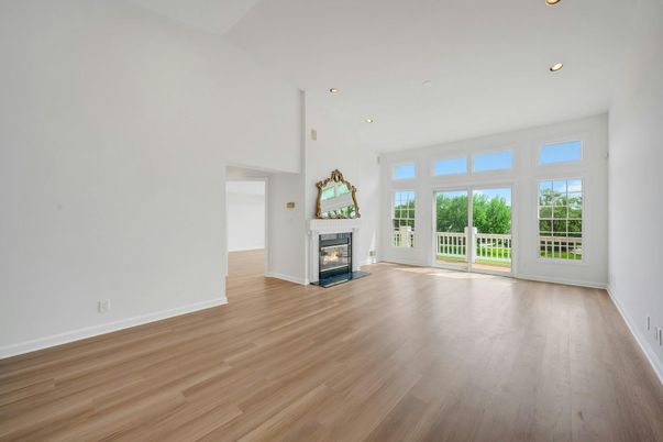 Empty room, Fireplace, Interior, Recessed Lighting, Wood Texture Flooring