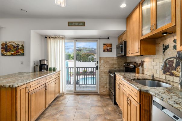Interior, Kitchen, Recessed Lighting, Stone Walls