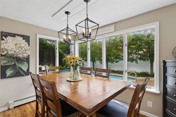 Dining room, Interior, Pendant Lights, Wood Texture Flooring