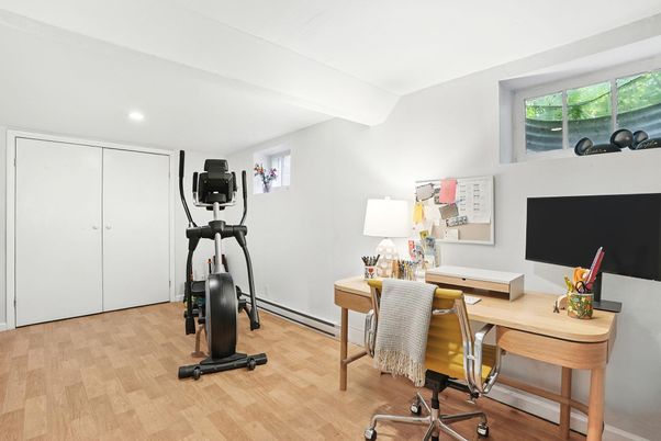 Fitness Equipment, Home Office, Interior, Recessed Lighting, Wood Texture Flooring