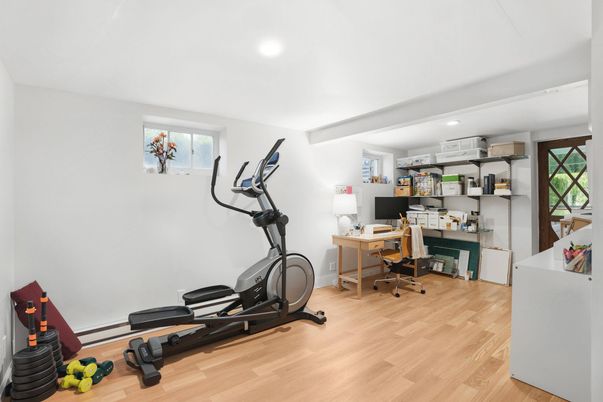 Fitness Equipment, Home Office, Interior, Recessed Lighting, Wood Texture Flooring