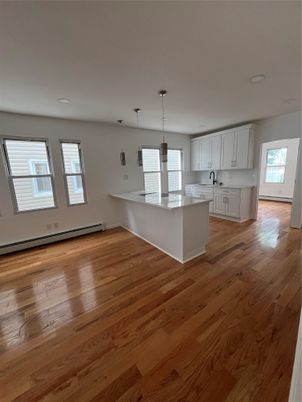 Empty room, Interior, Kitchen, Pendant Lights, Wood Texture Flooring
