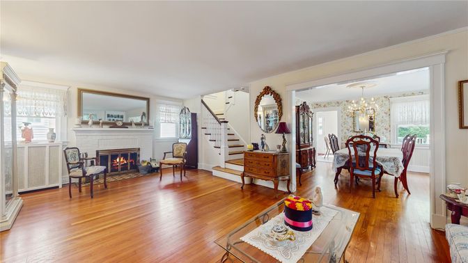 Chandelier, Dining room, Fireplace, Interior, Pendant Lights, Wood Texture Flooring