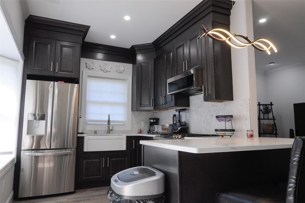 Interior, Kitchen, Pendant Lights, Recessed Lighting, Stainless Steel Appliances, Wood Texture Flooring