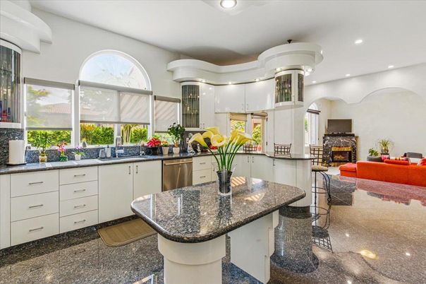 Fireplace, Interior, Kitchen, Living room, Recessed Lighting, Stainless Steel Appliances