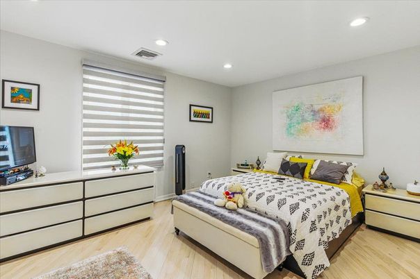 Bedroom, Interior, Recessed Lighting, Wood Texture Flooring