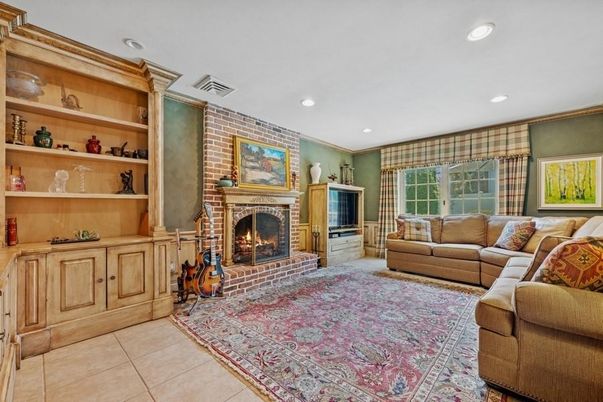 Fireplace, Interior, Living room, Recessed Lighting, Stone Walls