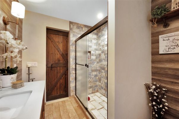 Bathroom, Glass Shower, Interior, Recessed Lighting, Wood Texture Flooring