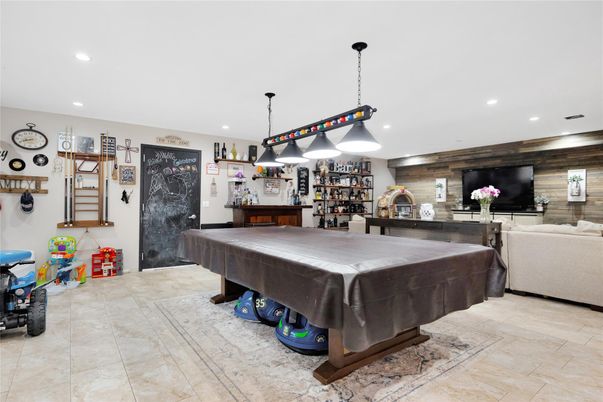 Billiard Table, Game Room, Interior, Pendant Lights, Recessed Lighting, Wooden Walls