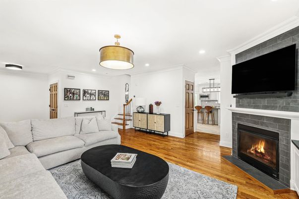Fireplace, Interior, Living room, Pendant Lights, Recessed Lighting, Wood Texture Flooring
