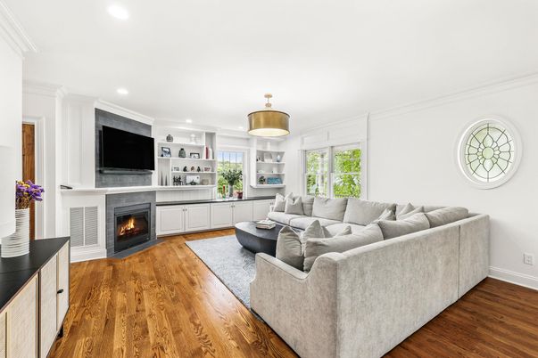 Fireplace, Interior, Living room, Recessed Lighting, Wood Texture Flooring