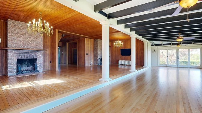 Chandelier, Empty room, Fireplace, Interior, Stone Walls, Wooden Beams, Wooden Ceilings, Wood Texture Flooring, Wooden Walls