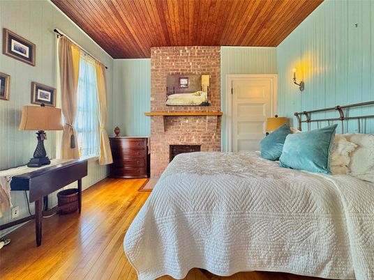 Bedroom, Fireplace, Interior, Stone Walls, Wooden Ceilings, Wood Texture Flooring