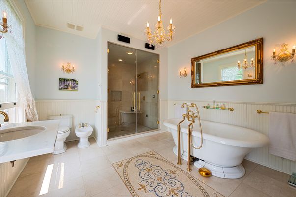 Bathroom, Chandelier, Dual Sink Vanities, Free Standing Baths, Glass Shower, Interior