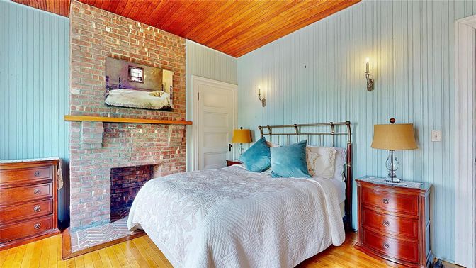 Bedroom, Fireplace, Interior, Stone Walls, Wooden Ceilings, Wood Texture Flooring