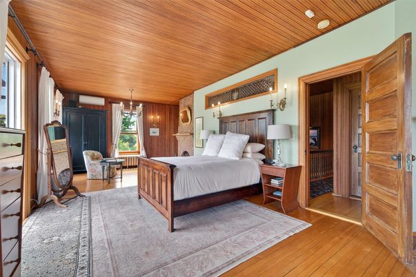 Bedroom, Interior, Pendant Lights, Wooden Ceilings, Wood Texture Flooring, Wooden Walls